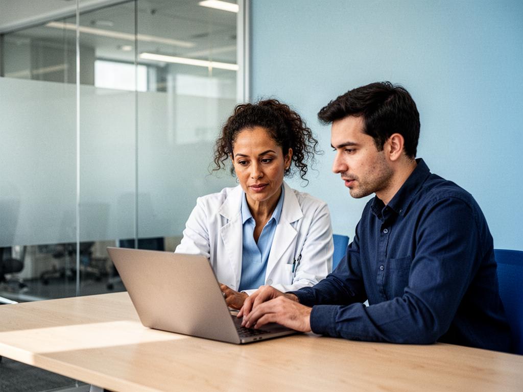 Illustrative clinician and operations professional reviewing work together